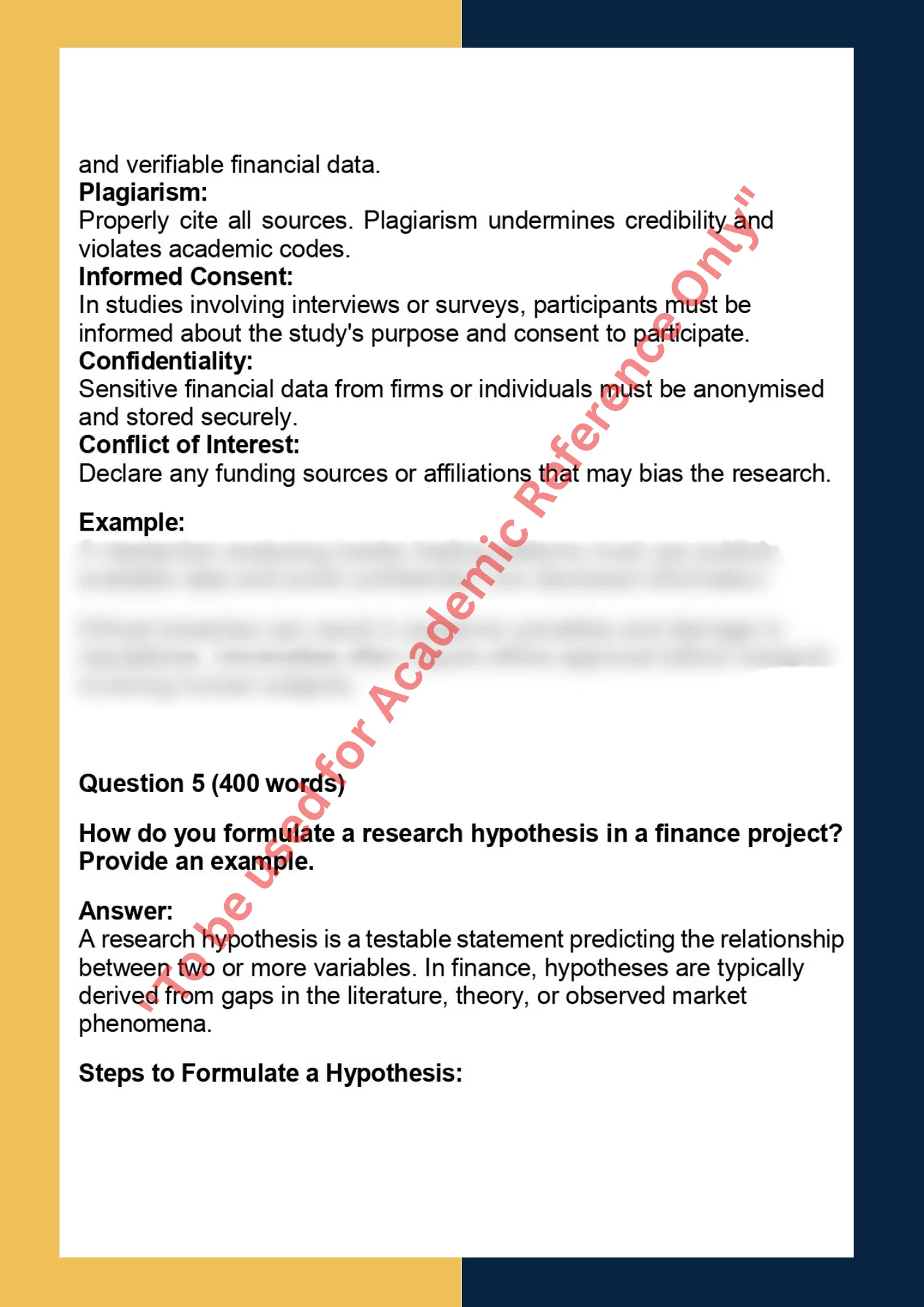 Sample Solution for - FINC7000– Finance Research Project 4